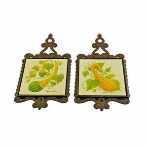 Hand-Painted Trivet Vegetables Wall Hanging Pair Vintage Kitchen Farm 1980's
